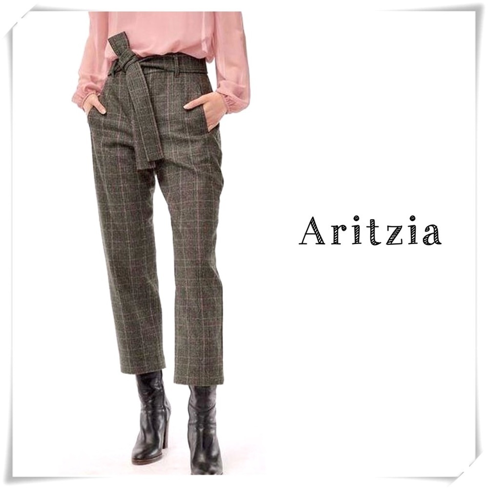 Aritzia Wilfred Jallade Wool Cashmere Plaid Tie Waist Trousers Gray Size 4